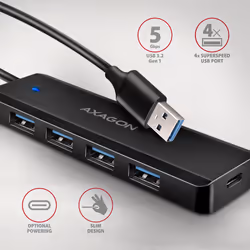 Axagon HUE-C1A hub & concentrateur USB 3.2 Gen 1 (3.1 Gen 1) Type-A 5000 Mbit/s Noir