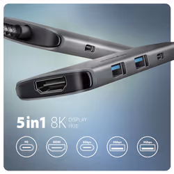 Axagon HMC-5H8K USB 5Gbps hub 2x USB-A USB-C HDMI 8k/30Hz PD 100W kabel USB-C Avec fil USB 3.2 Gen 1 (3.1 Gen 1) Type-C Gris