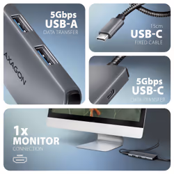 Axagon HMC-5H8K USB 5Gbps hub 2x USB-A USB-C HDMI 8k/30Hz PD 100W kabel USB-C Avec fil USB 3.2 Gen 1 (3.1 Gen 1) Type-C Gris