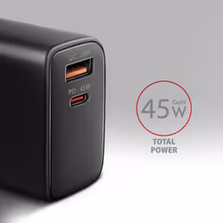 Axagon ACU-PQ45 QC 3.0, 4.0/AFC/FCP/PPS/PD, 45W, schwarz - Netzladegerät mit USB-A und USB-C Schnittstelle Téléphone portable, Smartphone, Smartwatch, Tablette, Universel Noir Secteur Charge rapide Intérieure
