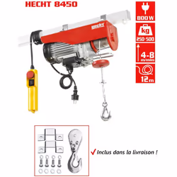 Hecht 8450 Treuil électrique Capacité jusqu’à 500kg hauteur de levage 6-12m 800 watts Le HECHT 8450 est un treuil à câble éle ...