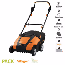 Scarificateur et aérateur Villager VAS 1500 P avec moteur électrique 230 Volts d'une puissance de 1500 Watts. L'action de sca ...