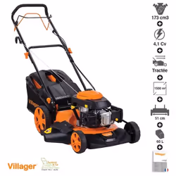 Tondeuse thermique pour 1500m2 avec son moteur Villager OHV de 173cm3 proposant une puissance de 3 Kw. Grandes roues de 25,4c ...