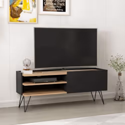 Meuble TV Aral noir et noyer avec porte abattante Caractéristiques: Meuble TV. Matériau en aggloméré de haute qualité. Pieds  ...
