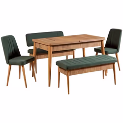 Set table extensible 2 chaises banc et banquette Malva Bois clair et Tissu Vert