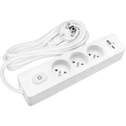 Multiprise SELDUR G3FU22B, 3 prises type E + interrupteur, USB A+C charge standard 12W, Blanc, câble 2m
