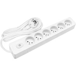 Multiprise seldur G6FA32B, 6 prises type e + interrupteur à voyant, Blanc, câble 3m