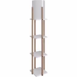 Lampadaire combiné 3 étagères Ulkoda 135cm Bois Naturel et Blanc et Tissu Blanc