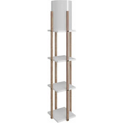 Lampadaire combiné 3 étagères Ulkoda 135cm Bois Naturel et Blanc et Tissu Blanc