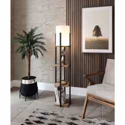 Lampadaire combiné 3 étagères Ulkoda 135cm Bois Naturel et Noir et Tissu Blanc