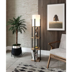Lampadaire combiné 3 étagères Ulkoda 135cm Bois Naturel et Noir et Tissu Blanc
