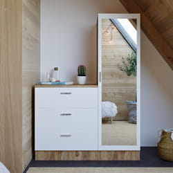 Commode 3 tiroirs avec armoire et miroir - Blanc et naturel - VITORIO