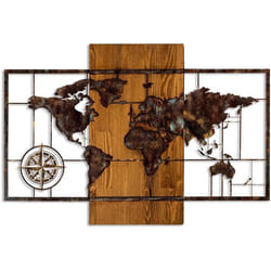Décoration murale en bois et métal Mappemonde Mappemonde avec boussole
