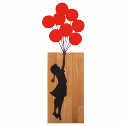 Décoration murale en bois et métal Walnut Fille avec ballons rouges