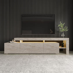 Meuble TV avec éclairage LED - BELIZ - Marbre travertin - 192 x 53 x 37 cm