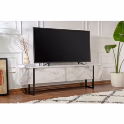 Meuble tv moderne 2 portes basculantes Domenica L180cm Effet marbre et Noir