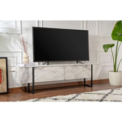 Meuble tv moderne 2 portes basculantes Domenica L180cm Effet marbre et Noir