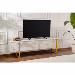 Meuble tv moderne 2 portes basculantes Domenica L180cm Effet marbre et Or