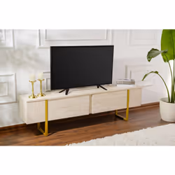 Meuble tv moderne 2 portes basculantes Domenica L180cm Effet travertin et Or