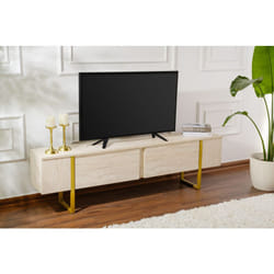 Meuble tv moderne 2 portes basculantes Domenica L180cm Effet travertin et Or