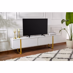 Meuble tv moderne 2 portes basculantes Domenica L180cm Blanc et Or