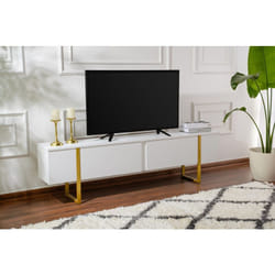 Meuble tv moderne 2 portes basculantes Domenica L180cm Blanc et Or
