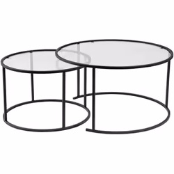 Ensemble de 2 tables gigognes rondes en métal et verre Auruma noir avec verre transparent