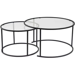 Ensemble de 2 tables gigognes rondes en métal et verre Auruma noir avec verre transparent