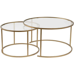 Ensemble de 2 tables gigognes rondes en métal et verre Auruma doré verre transparent.