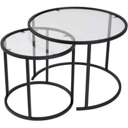 Ensemble de 2 tables gigognes rondes en métal et verre Aurum noir avec verre transparent