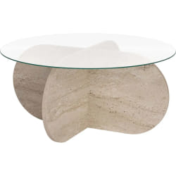 Table basse ronde en verre Aeris travertine, verre transparent.