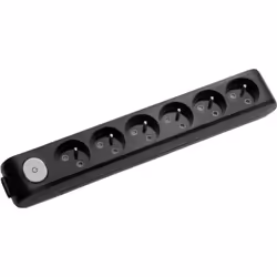 Multiprise NF pour 6 prises 2P+T. Avec sécurité enfant, bouton rétro-éclairé on/off, et support de fixation. Couleur Noire. P ...