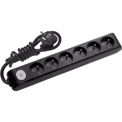 Multiprise NF pour 6 prises 2P+T. Avec sécurité enfant, bouton rétro-éclairé on/off, et support de fixation. Couleur Noire. P ...