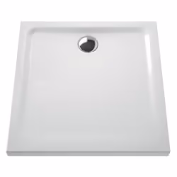 En grès. Installation: à poser ou à encastrer. Fond extra plat (sauf modèle 70 x 70 cm). Pour bonde siphoïde de Ø 90 mm.