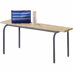 Banc pour vestiaires empilable, lattes en bois massif verni incolore, longueur 1200 mm, piétement gris basalte. Produit livré ...