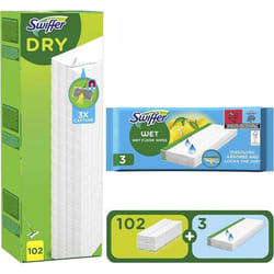 Swiffer Balai Attrape-Poussière Pour SolsPack de Recharges 102 Lingettes Sèches 102 Et 3 Lingettes Humides