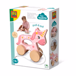 SES Creative Tiny Talents Licorne en bois 2 en 1 - A pousser et à tirer, 18 mois, 4 roue(s), Beige, Rose