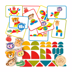 SES Creative 14063 Jouet Montessori - Formes d'Animaux à Reproduire - Cartes de Tâches et Pièces en Bois pour Recréer des Formes - Empilage et Création de Formes