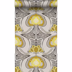 Ajoutez des touches de couleurs à vos murs en optant pour ce papier peint à motif floral Art Nouveau en jaune ocre et gris. C ...