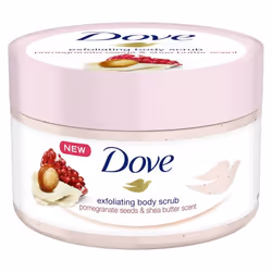 Dove Pomegranate &amp; Shea Butter, Gommage corporel, Femmes, Peau normale, Hydratant, Lissage, Pot, Huile de jojoba
