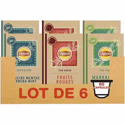 LIPTON 60 Capsules Nespresso 3 saveurs Thé Vert Marrakech Mint Infusion Verveine Menthe Thé Noir Fruits Rouges