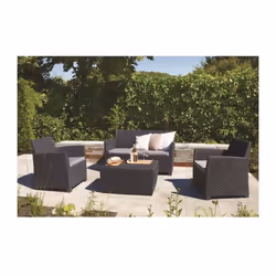Salon de jardin 4 places gris, en résine de synthese (Polypropylene-CaCo3) imitation rotin rond avec dossiers ergonomiques et ...