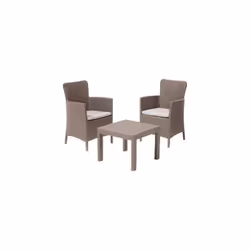 PP CAPPUCCINO CF=PZ 3 + CUSCINIIn polipropilene effetto rattan. Cuscini inclusi. Composto da 2 poltrone da Cm. 62x60x89 e 1 t ...