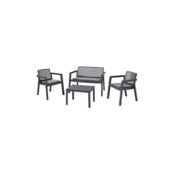Salon Emily en re'sine un canape' deux fauteuils et une table basse graphite avec coussins de jardin exte'rieur