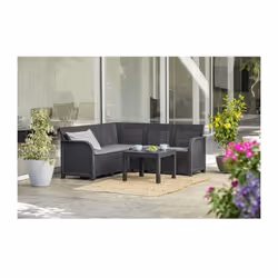 Set comprenant 1 canap' d'angle 5 places ( L 172 x P 172 x H 74 cm) avec coussins d'assises en polycoton gris et dossiers erg ...