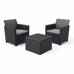 Description générale Ensemble de mobilier de jardin composé de 2 fauteuils confortables et d'une table basse. Le tout est con ...
