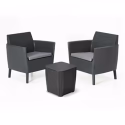 Dimensions extérieures Chaise : 74 x 66,5 x 76 cm Tableau : 39 x 39 x 42 cm Ensemble composé de : 2 fauteuils et 1 table cont ...