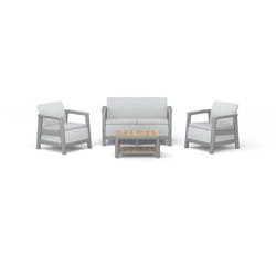Salon bas de jardin - Résine - 4 personnes - Keter - Scandi Linea - Table 2 plateaux imitation bois - Imitation canage beige