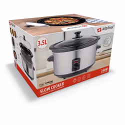 Alpina Slowcooker Capacité : 3,5 litres Puissance : 240 watts Couleur : acier inoxydable/noir Couvercle en verre Voyant lumin ...