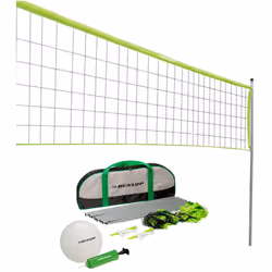 set de volleyball de plage avec filet, ballon et gonfleur dunlop. filet de 609x220cm (largeur x hauteur avec poteaux). compre ...
